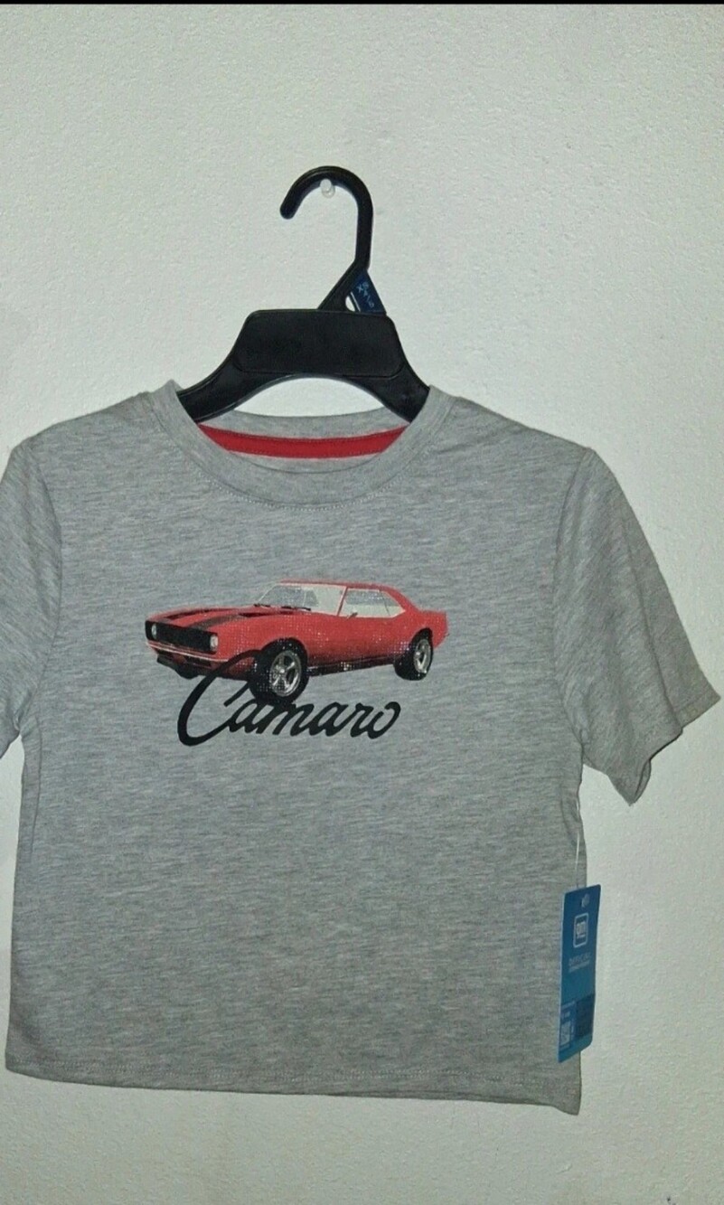 Kids Grey Tee with Red Camaro Car Graphic